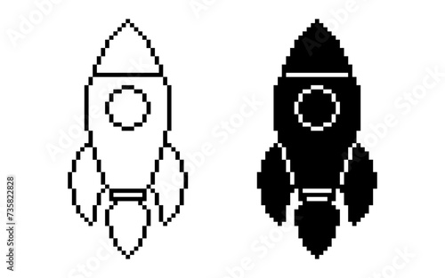 black white pixel art rocket icon set isolated on white background
