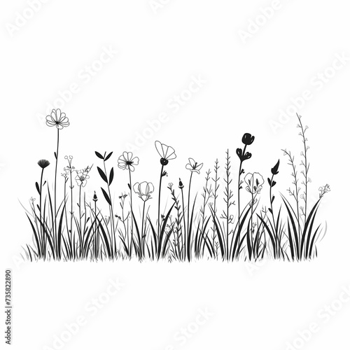 Black and white silhouette of spring grass and flowers, simple illustration. © 3dillustrations