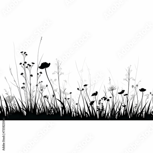 Black and white silhouette of spring grass and flowers, simple illustration.