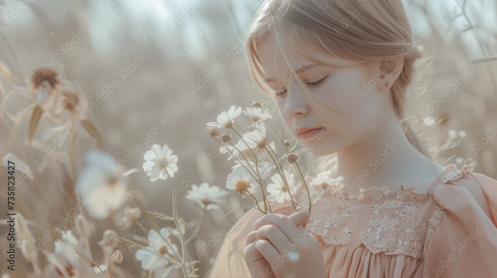 A little girl walks in a field and smells flowers
A little girl walks in a field and smells flowers