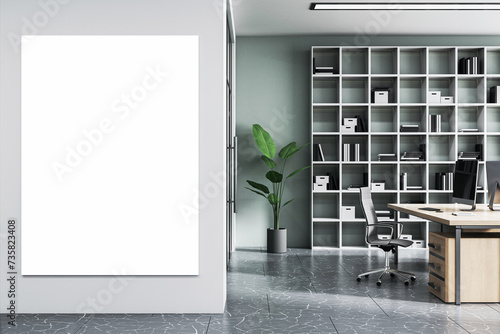 Modern office interior with empty mock up banner on concrete wall. furniture, bookcase and equipment. 3D Rendering. © Who is Danny