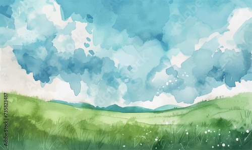 watercolor background with grass and clouds