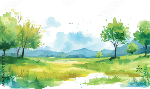 watercolor spring landscape with trees