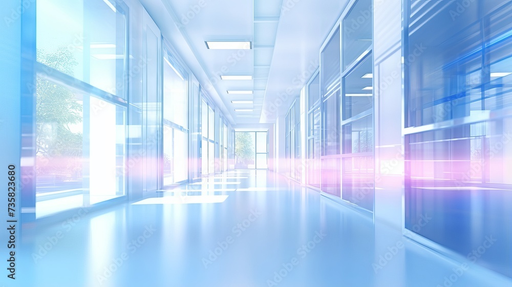 Dynamic Office Environment: Panoramic Windows and Light Blur in Modern Workspace Setting