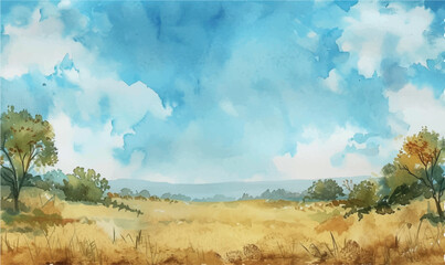 Gordijnen Koraalgroen watercolor landscape with field trees and sky  © Iryna
