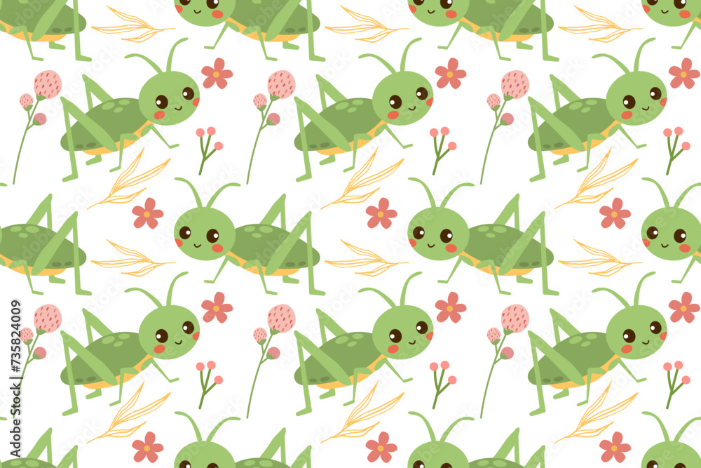 Grasshoppers and flowers. Vector illustration cartoon flat psttern with flower and branch isolate on white , cute character for your design , graphic design for paper or fabric prints .