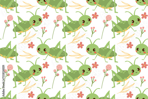 Grasshoppers and flowers. Vector illustration cartoon flat psttern with flower and branch isolate on white , cute character for your design , graphic design for paper or fabric prints . © irina