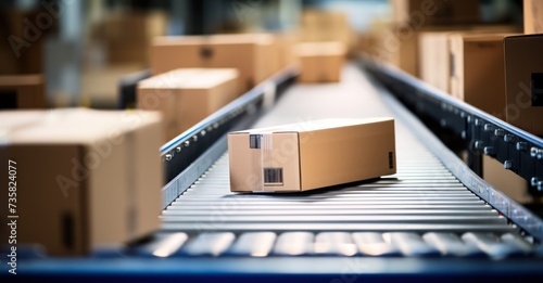 Detailed closeup of labeled boxes on a conveyor, showcasing logistics and e-commerce. © Stock Pix