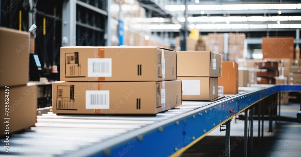 Detailed closeup of labeled boxes on a conveyor, showcasing logistics and e-commerce. Detailed closeup of labeled boxes on a conveyor, showcasing logistics and e-commerce.
