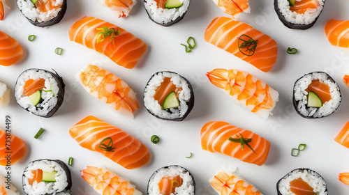 japanese sushi food. Maki ands rolls with tuna, salmon, shrimp, crab and avocado. Top view of assorted sushi. Rainbow sushi roll and nigiri. Set of sushi and maki with soy sauce white background 