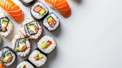 japanese sushi food. Maki ands rolls with tuna, salmon, shrimp, crab and avocado. Top view of assorted sushi. Rainbow sushi roll and nigiri. Set of sushi and maki with soy sauce white background 