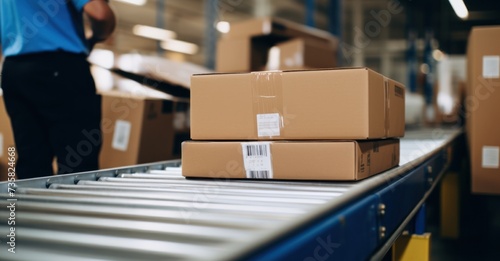 Detailed closeup of labeled boxes on a conveyor, showcasing logistics and e-commerce.
