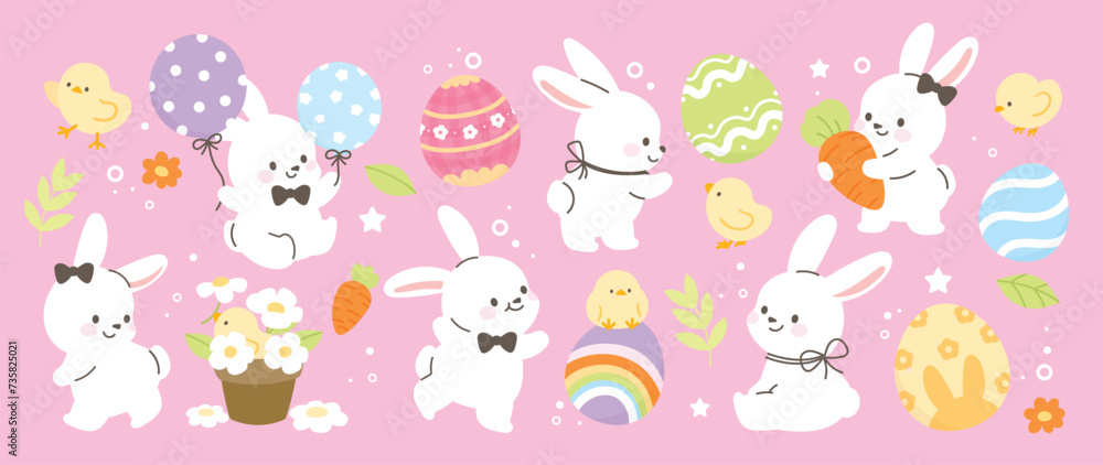 Happy Easter comic element vector set. Cute hand drawn rabbit, chicken, easter egg, spring flowers, leaf, carrot, balloon. Collection of doodle animal and adorable design for decorative, card, kids.