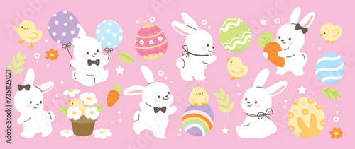 Happy Easter comic element vector set. Cute hand drawn rabbit, chicken, easter egg, spring flowers, leaf, carrot, balloon. Collection of doodle animal and adorable design for decorative, card, kids.