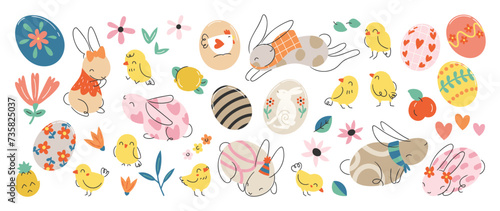 Happy Easter comic element vector set. Cute hand drawn rabbit, chicken, easter egg, spring flowers, pineapple, apple. Collection of doodle animal and adorable design for decorative, card, kids.