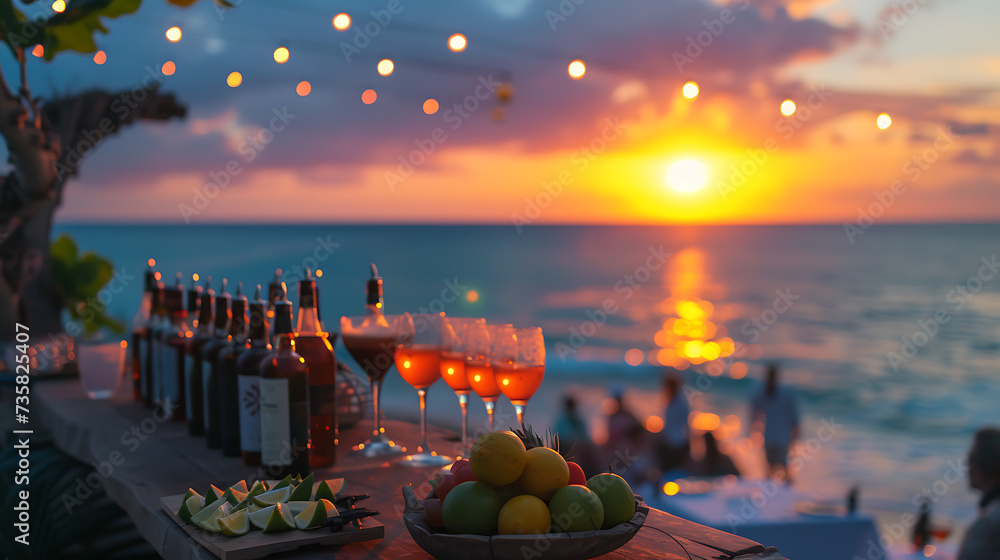 sunset on the beach, with wine