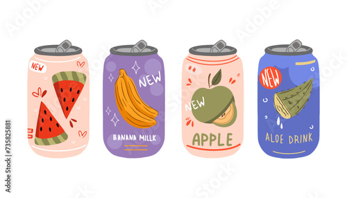 Collection of lemonades and cocktails in aluminum cans. Soda bottle fruit set. Cold drinks with lemon, cherry, peach and banana. Cartoon flat vector illustration.