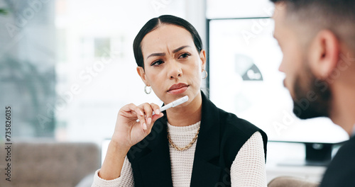 Talking, meeting and man with hr at work for a business conversation or listening to a complaint. Concern, serious and a female human resources worker speaking to an employee about an office problem