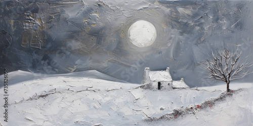 house in a field on a winter night. illustration in oil painting style
