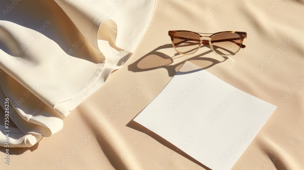 Sunlit blank paper card mockup with envelope and glasses on beige cloth
