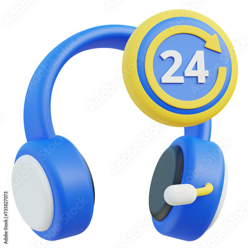 3D Render of Blue Headphones with 24-Hour Customer Service Icon