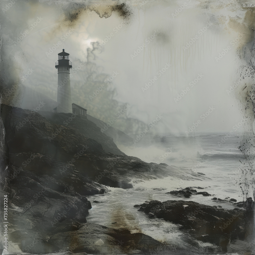 Old photo of a lighthouse in the fog
