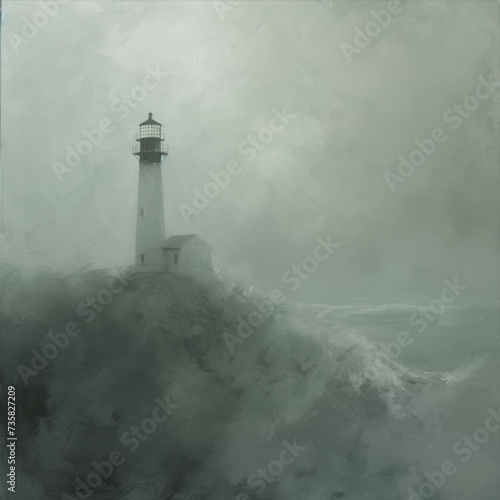 Old photo of a lighthouse in the fog 