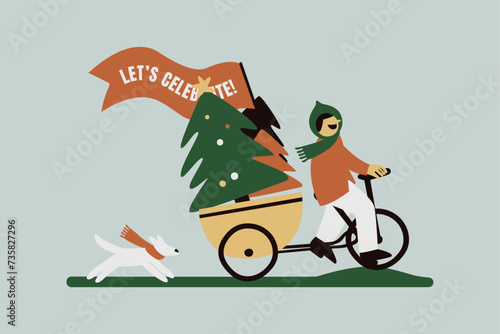 Man Riding A Bike Hauling A Large Pine Tree Vector Illustration