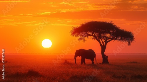 African Safari at Dawn with Wildlife on Orange Background