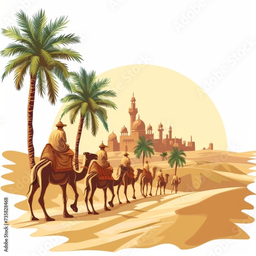 Sands Adventure Camel Train Nearing Oasis - Perfect for Design & Print, White Isolation