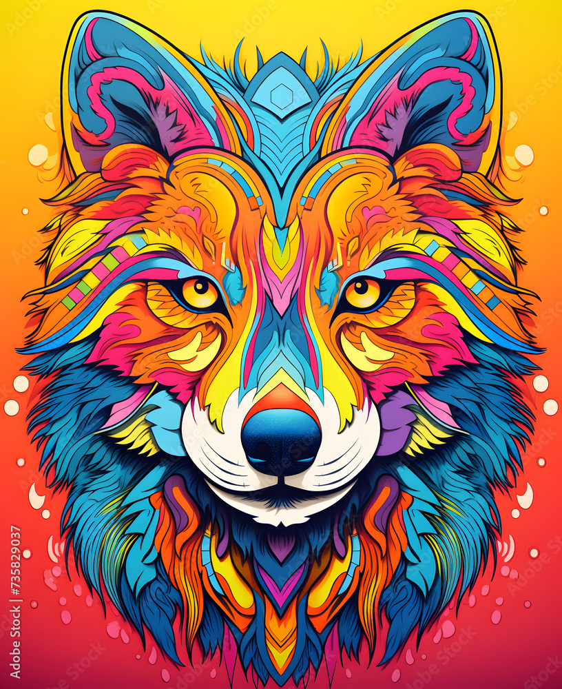 Colorful Fox Head Illustration - Vibrant Vector Art of Playful Wildlife in Fantasy Forest