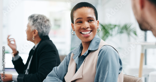 Business, black woman and talking to team in office for discussion, communication or conversation. Happy corporate employee, collaboration and meeting for feedback, planning project or chat boardroom