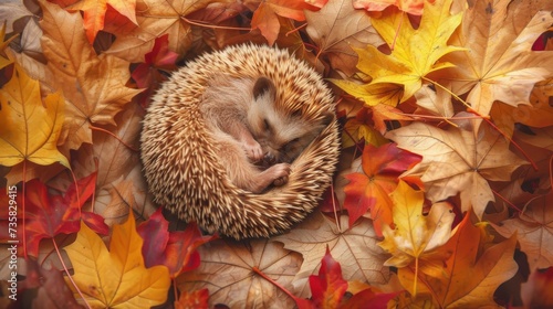 Cozy Autumn Scene: Hedgehog Asleep on a Bed of Colorful Leaves AI Generated © AnimalAI