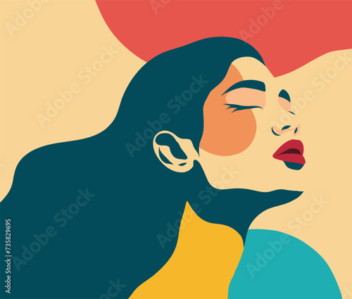 Vector flat illustration abstract portrait of a woman in trendy colors. Poster card for Women's Day. Vector flat bright illustration pastel beige colors