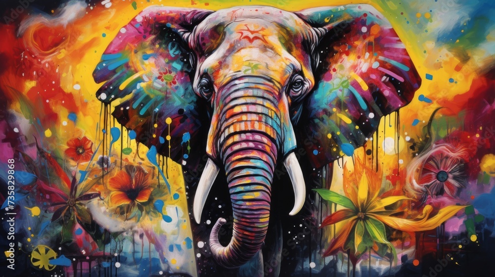 Vibrant elephant art: stunning colorful painting with abstract background - perfect for creative projects! | adobe stock - obrazy, fototapety, plakaty 