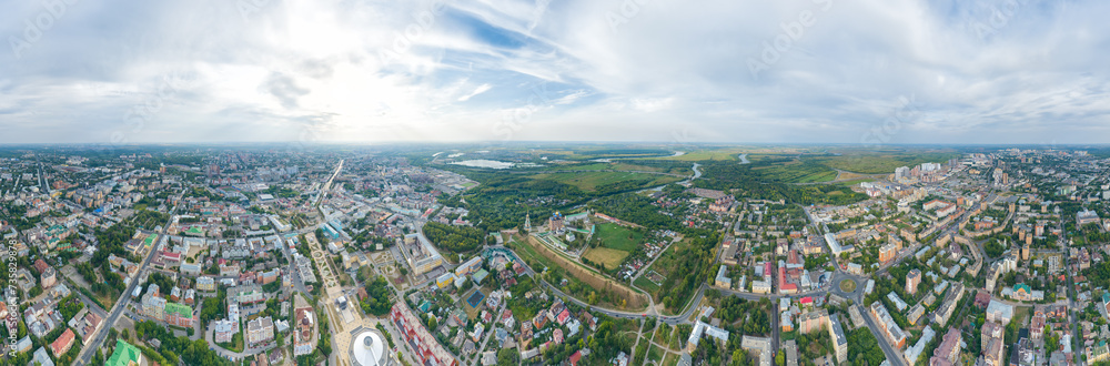 Ryazan, Russia. Ryazan Kremlin - The oldest part of the city of Ryazan. Protected meadow. Panoramic view of the city from the air. Panorama 360. Aerial view