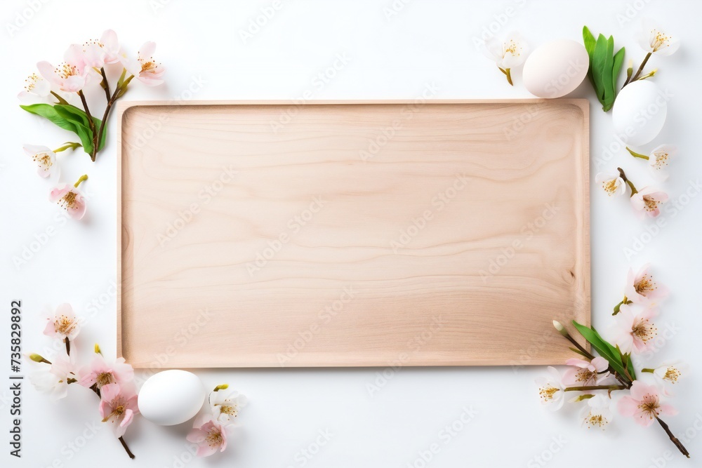 Empty wooden board with Easter details isolated on white background Generative Ai