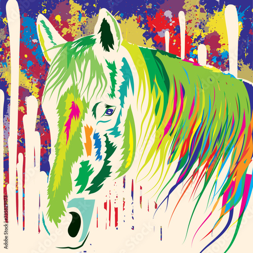 An elegant equine figure, portrayed with meticulous detail in vector art, emerges boldly against a backdrop of vibrant colors and dynamic paint splatters