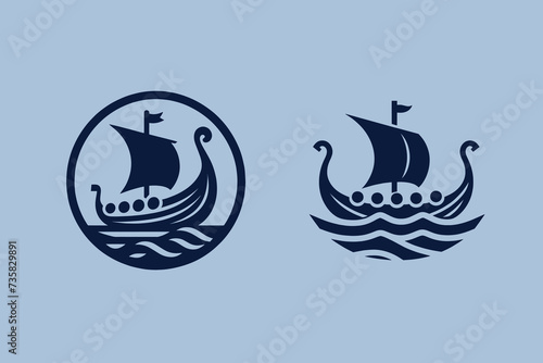 Viking ship. Modern simple minimalist logo. Vector set. Icon. Marine theme