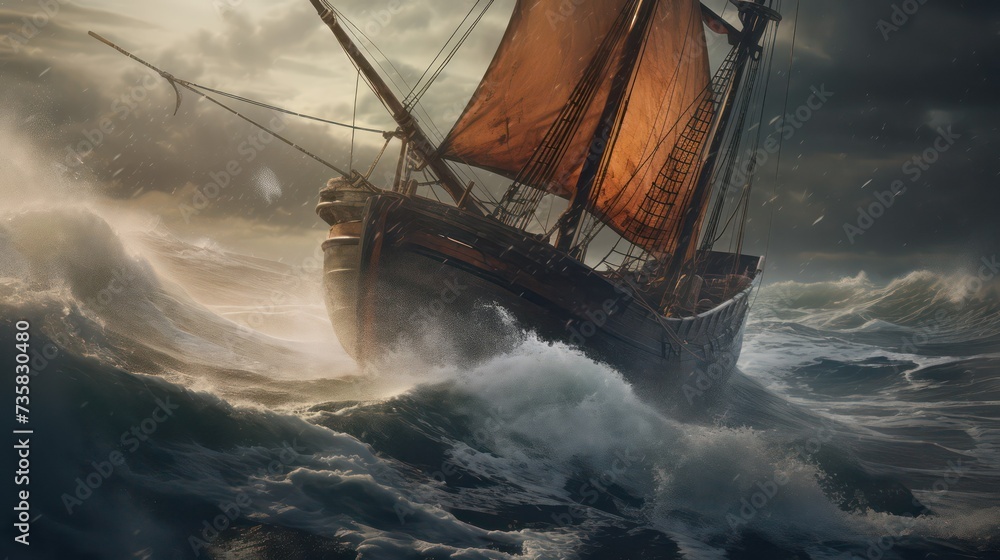 Obraz premium Viking ship in stormy sea