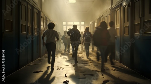Rear View of Energetic Students Hurrying Through School Corridor, Education Concept