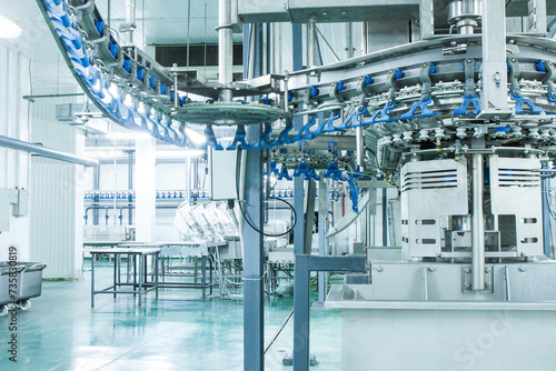 Equipment on chicken farm. Modern meat farm. Conveyor line, new equipment, nobody