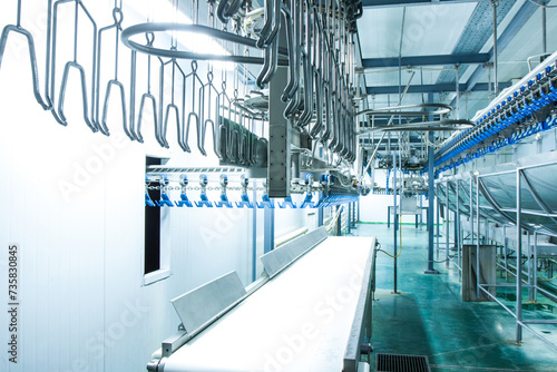 Equipment on chicken farm. Modern meat farm. Conveyor line, new equipment, nobody