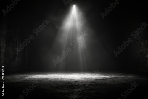 An illustration of a dark room with black concrete walls  illuminated by a descending spotlight onto the floor  ideal for presenting products. Made with generative AI technology