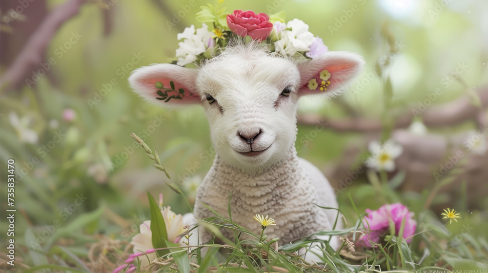 Obraz premium Cute lamb with a wreath on his head sits in the grass 