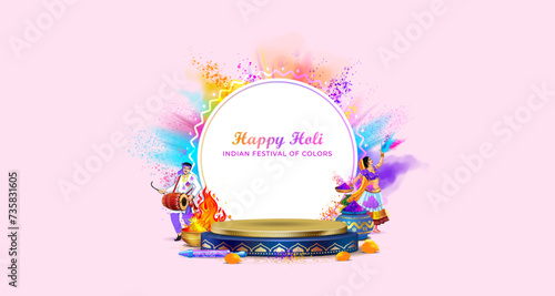 Holi festival website banner for Product promotion advertisement template design. 3d podium, product display studio pedestal stage with Happy Holi Indian festival of colors Text. photo