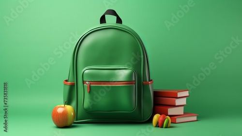 Colorful School Supplies Arranged with Backpack on Green Background, Back to School Concept - 3D Rendering