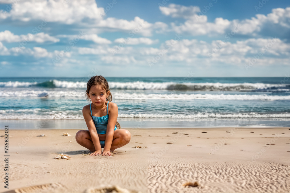 Bambina in Spiaggia alla Ricerca di Conchiglie Bambina in Spiaggia alla Ricerca di Conchiglie