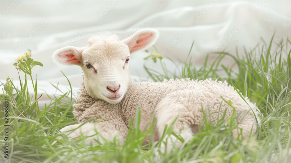 Fototapeta premium Cute lamb resting on the grass 