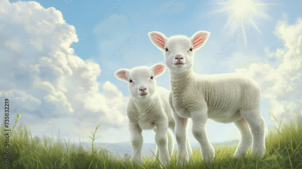Two lambs stand on the grass against the blue sky.
Two lambs stand on the grass against the blue sky.